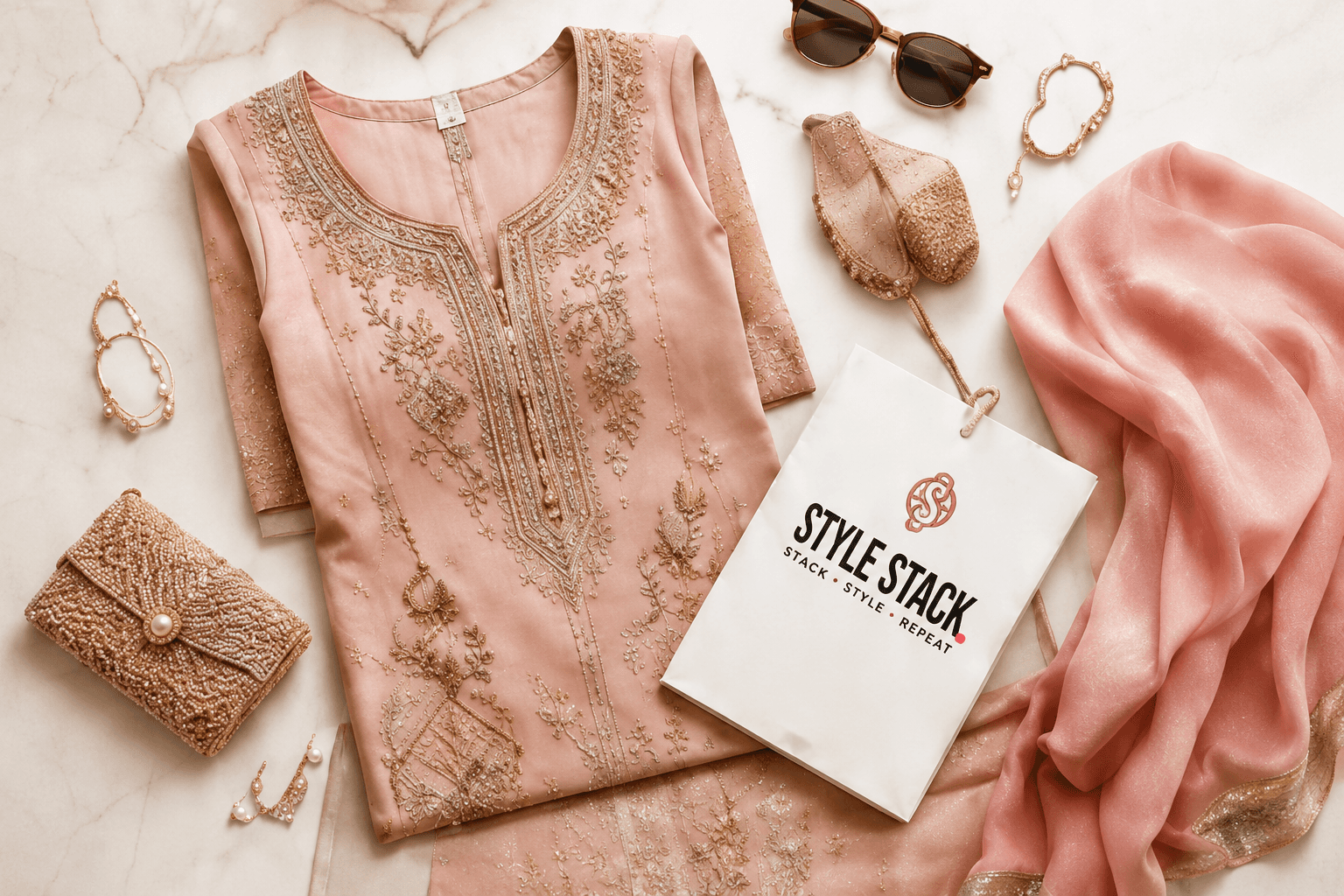 Premium fashion products arranged with a Style Stack card