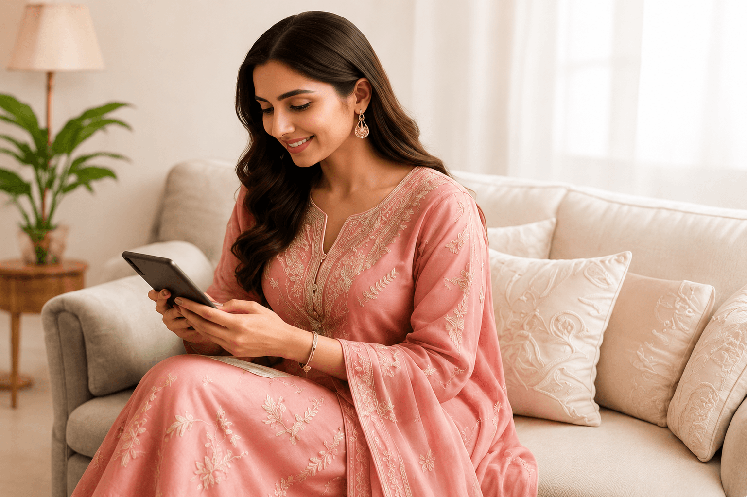 Customer wearing South Asian fashion in a modern home setting